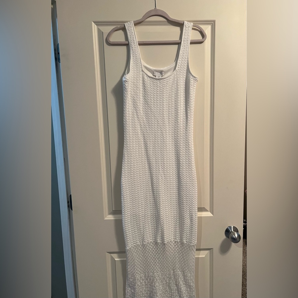 House Of Harlow M White Knit Long Maxi Dress Boho Fringe NWOT